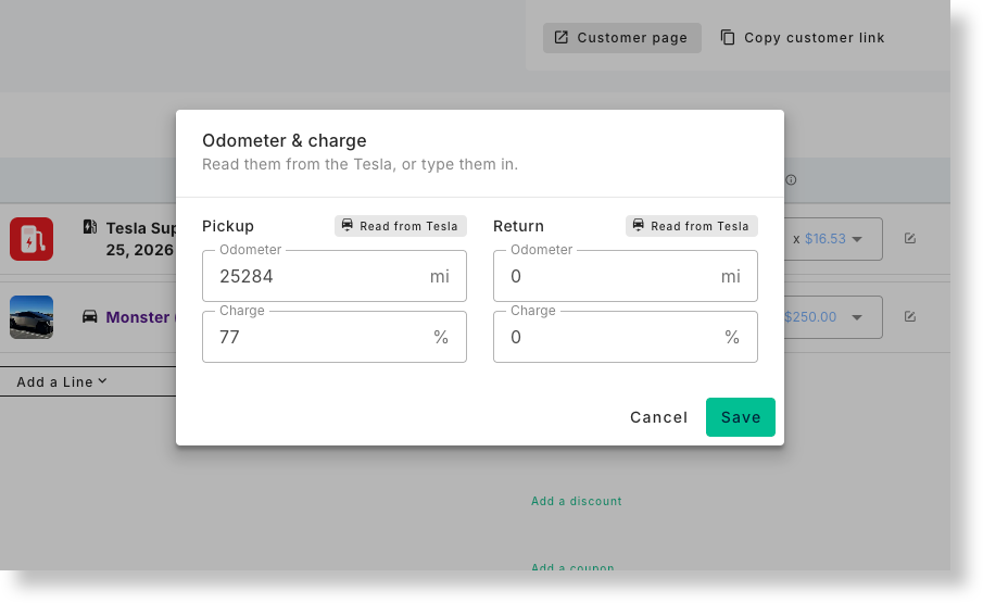 An order showing the pickup odometer and charge read from Tesla, and the Tesla phone key card